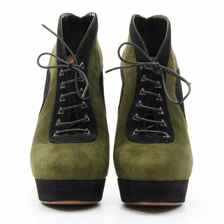 ALAIA black green suede leather lace up platform ankle bootie EU37