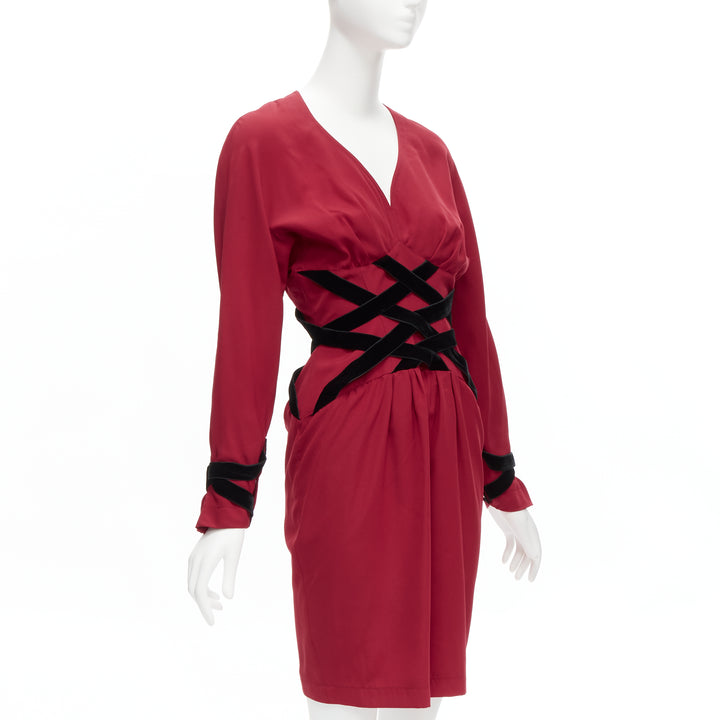 THIERRY MUGLER Vintage black velvet crisscross corset red cocktail dress IT7AR S