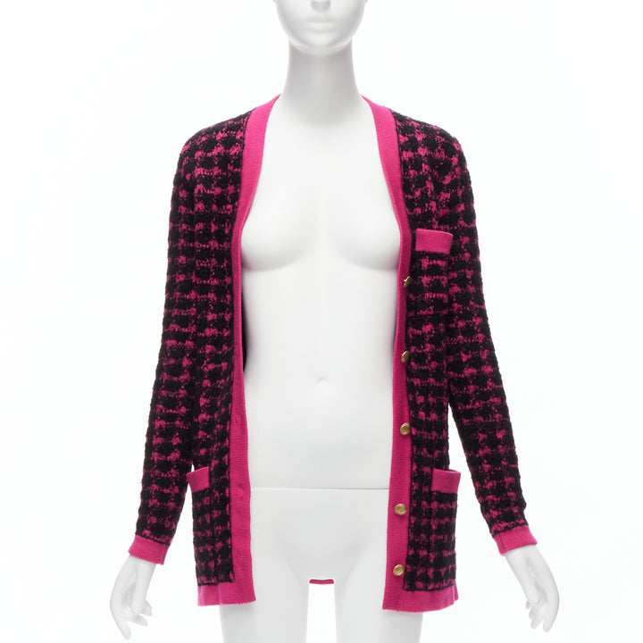 SAINT LAURENT 2021 black pink houndstooth  wool alpaca preppy cardigan jacket XS