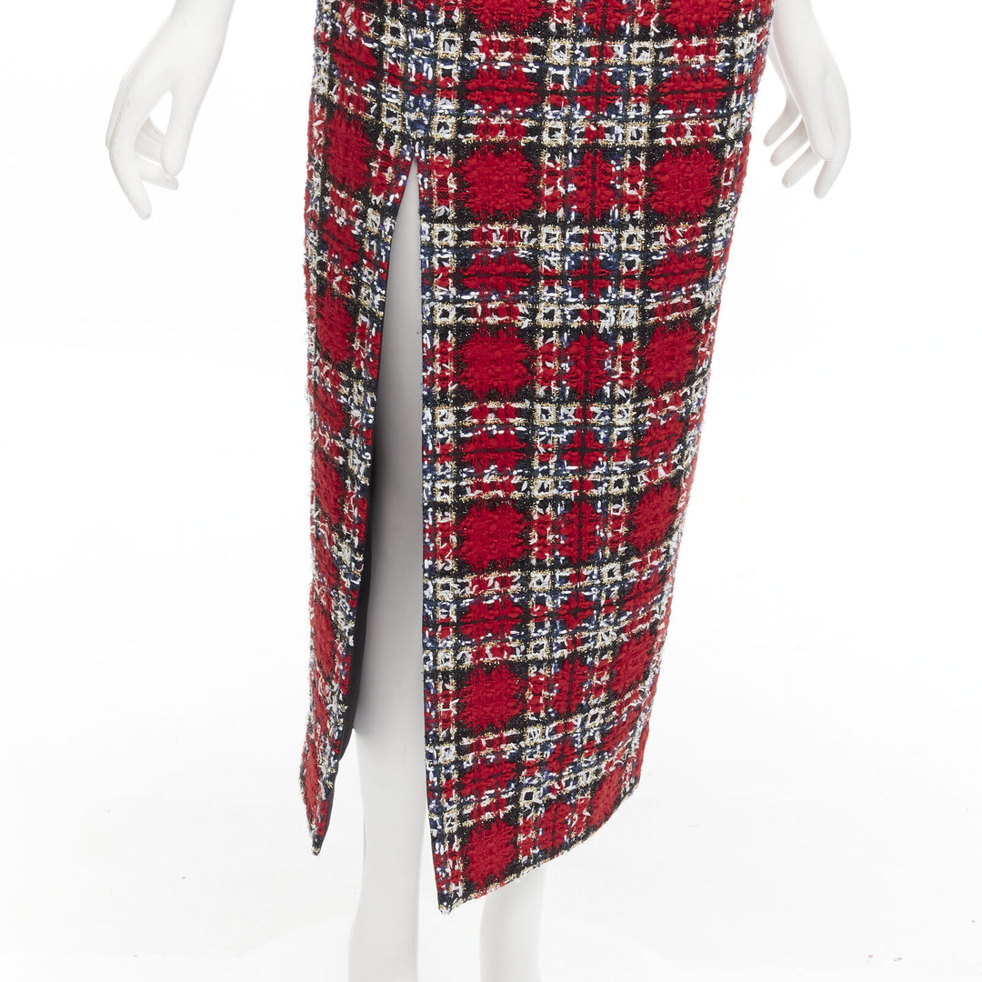 HALPERN red plaid check tweed high slit pencil midi skirt FR34 XS