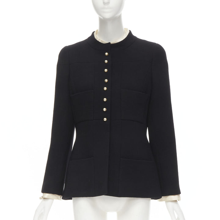 CHANEL 97A Vintage black wool CC pearl buttons panelled 4-pocket jacket FR40 M