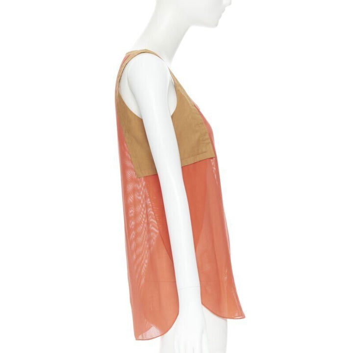 HERMES brown cotton harness orange gauze rounded hem summer top FR34 XS