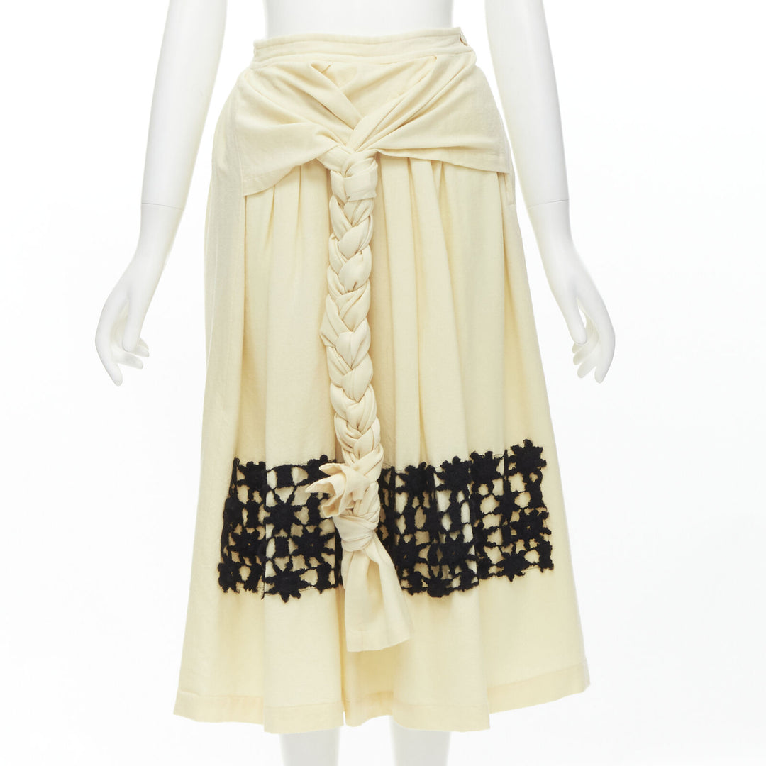 COMME DES GARCONS Vintage 1988 cream wool braid black lattice embroidery skirt M