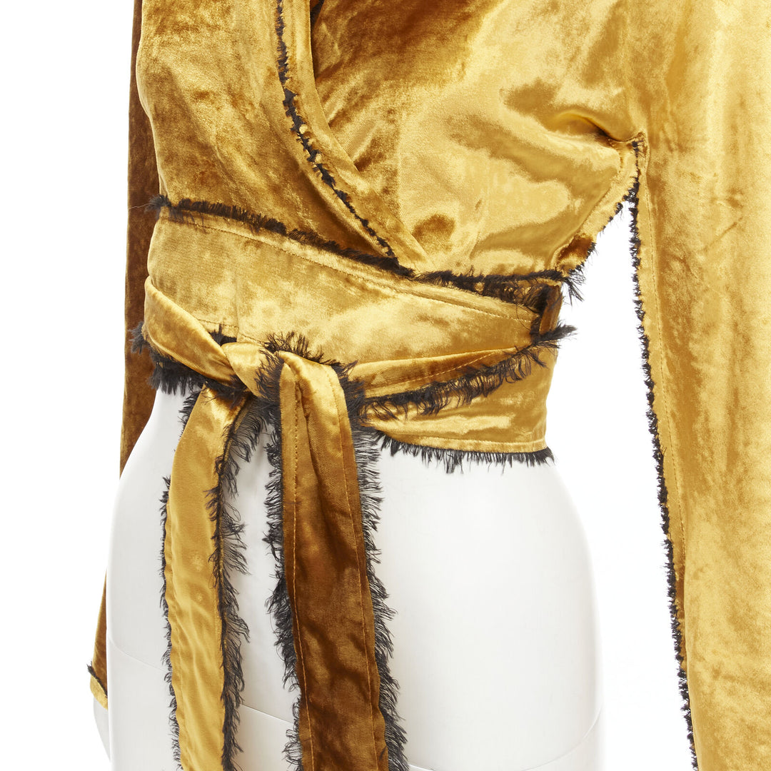 SID NEIGUM gold velvet black frayed seams wrap kimono robe jacket US2 S