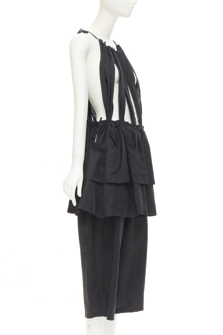 YOHJI YAMAMOTO 1980's Vintage black linen suspender strap peplum jumpsuit S