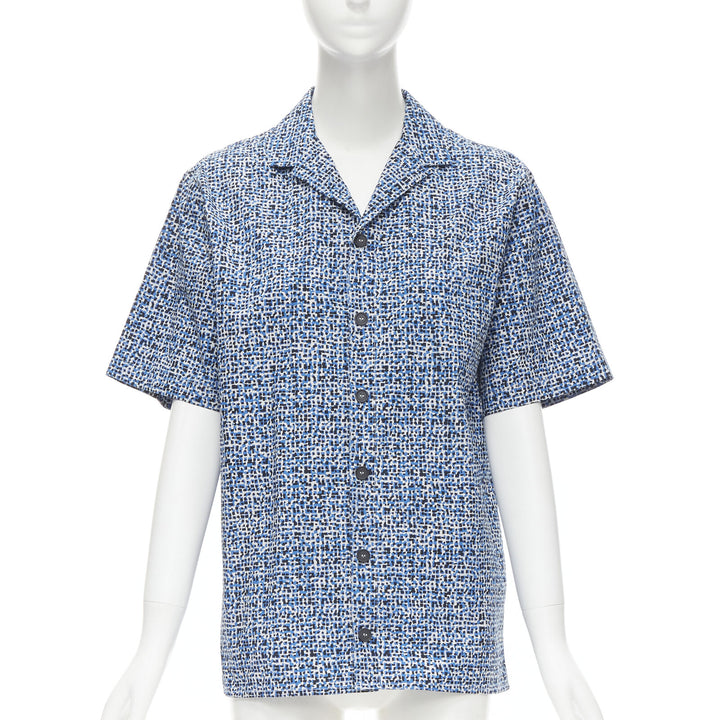 BOTTEGA VENETA blue speckle print camp collar short sleeve boxy cotton shirt S