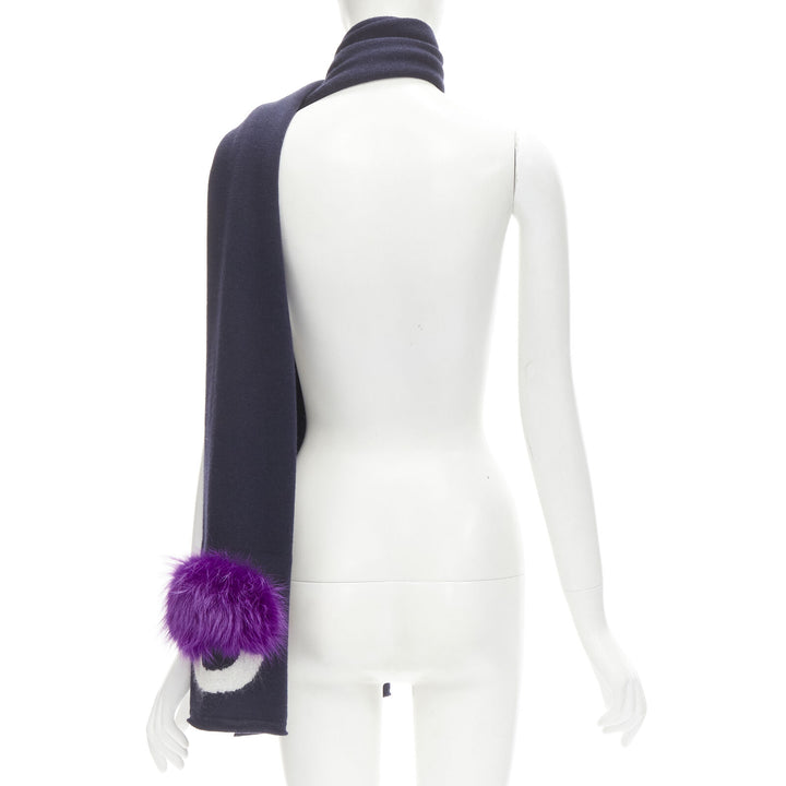 FENDI 100% wool navy blue Signature Monster Eyes purple fur trimmed scarf
