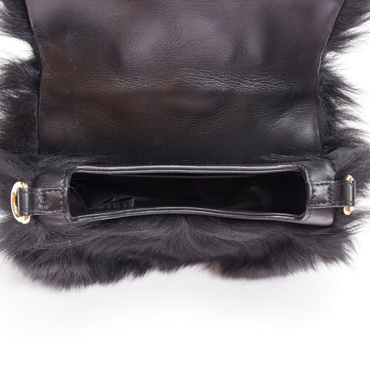 BALMAIN genuine fur black fringe logo gold metal frame half moon crossbody bag