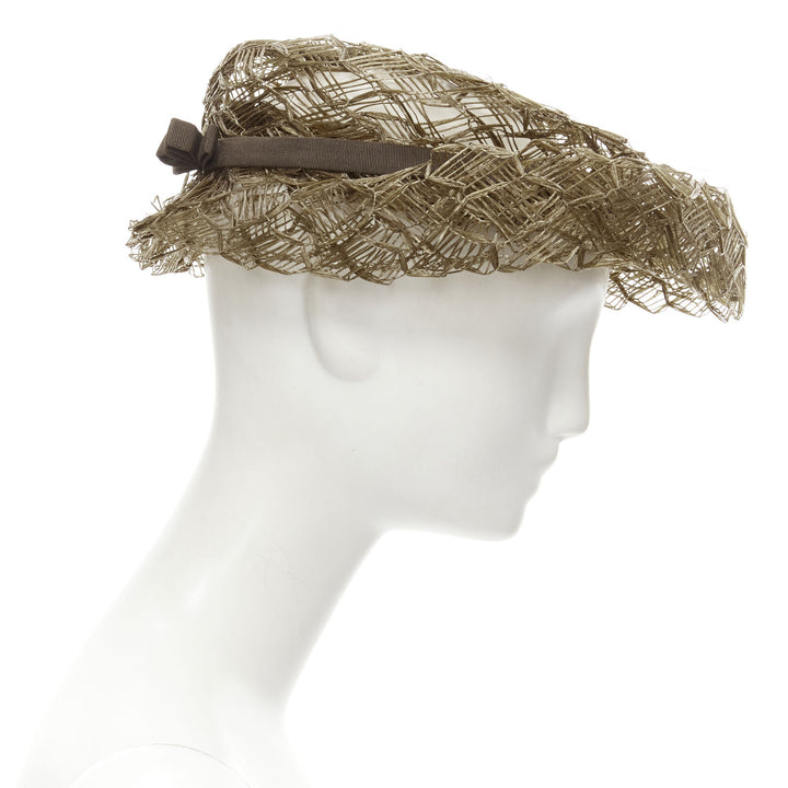 vintage LAURENCE PARIS brown straw raffia woven bow grosgrain boater hat