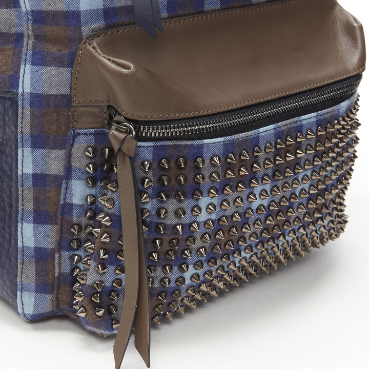 CHRISTIAN LOUBOUTIN Backloubi blue brown gingham check spike stud backpack bag