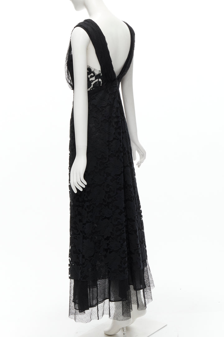 ADAM LIPPES black plunge illusion lace neckline empire waist layered gown US6 M
