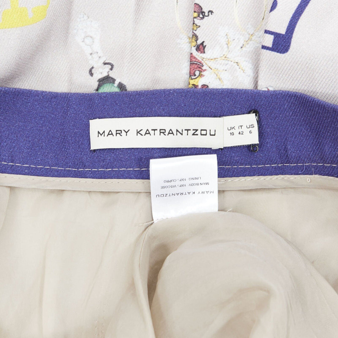 MARY KATRANTZOU grey mixed illustration print pleated midi flared skirt UK10 27"