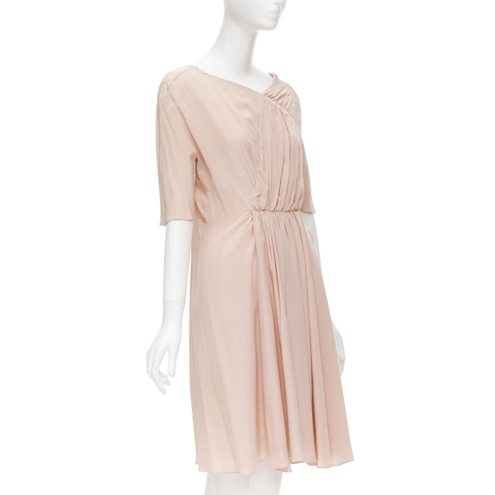 MARNI 100% silk light pink gathered asymmetric draped short sleeve dress IT38 XS
