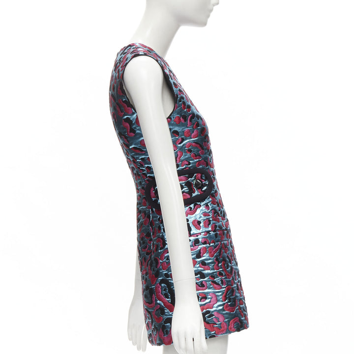 LOUIS VUITTON 2022 metallic blue pink leopard jacquard strap belt dress FR34 XS