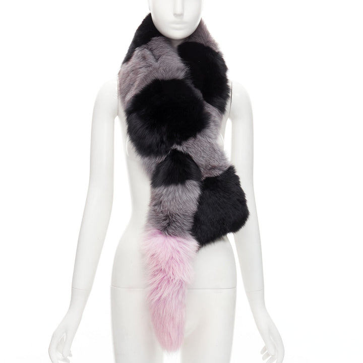 CHARLOTTE SIMONE 100% fur black pink striped tail silk lined loop through scarf