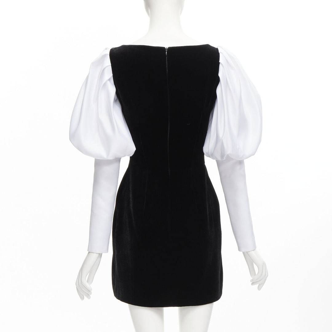 ROSARIO white georgette puff sleeves black velvet fitted mini dress FR36 S