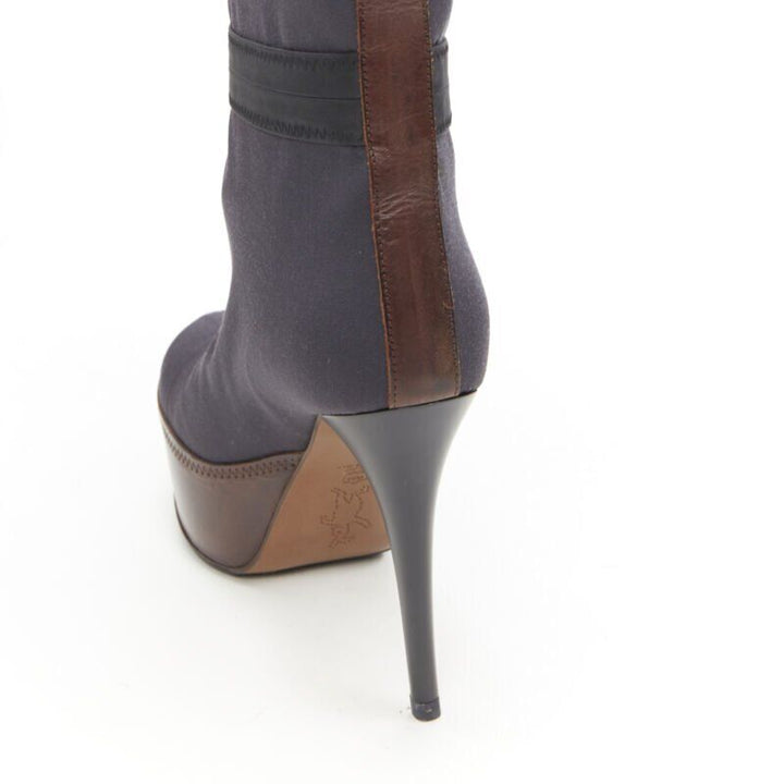 MARNI grey fabric upper brown leather platform round toe high heel boot EU36