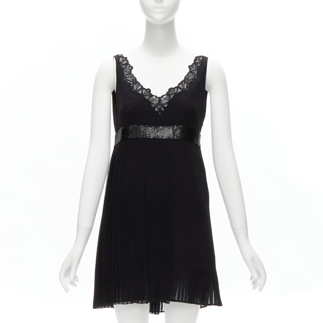 VERSACE 2015 black silk lace V-neck chainmail trim pleated mini dress IT40 S