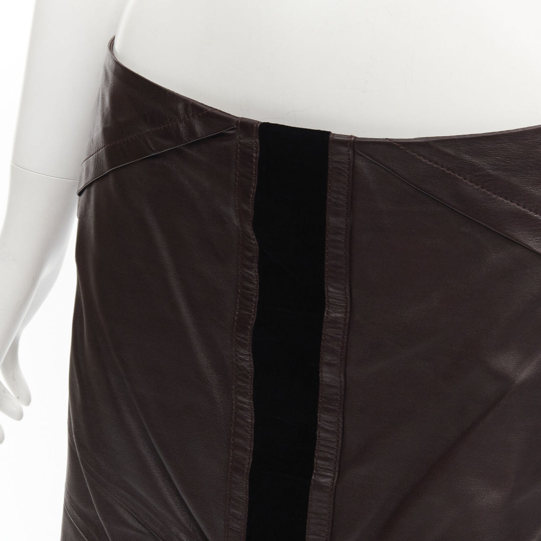 GUCCI Vintage Tom Ford dark burgundy leather velvet trim ruched skirt IT42 M