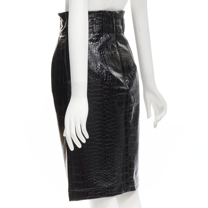 PHILOSOPHY DI LORENZO SERAFINI black scaled leather A-line skirt IT38 XS
