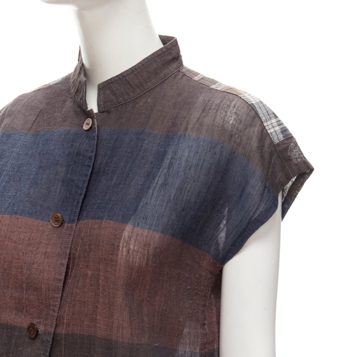 ISSEY MIYAKE 1980's Vintage brown navy checked patchwork linen shirt JP9 S