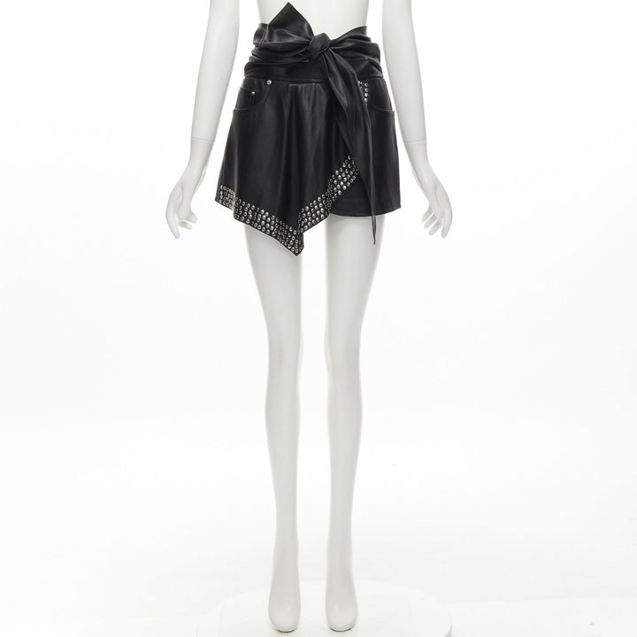 ALEXANDER WANG black faux leather silver studded draped wrap tie shorts US2 XS