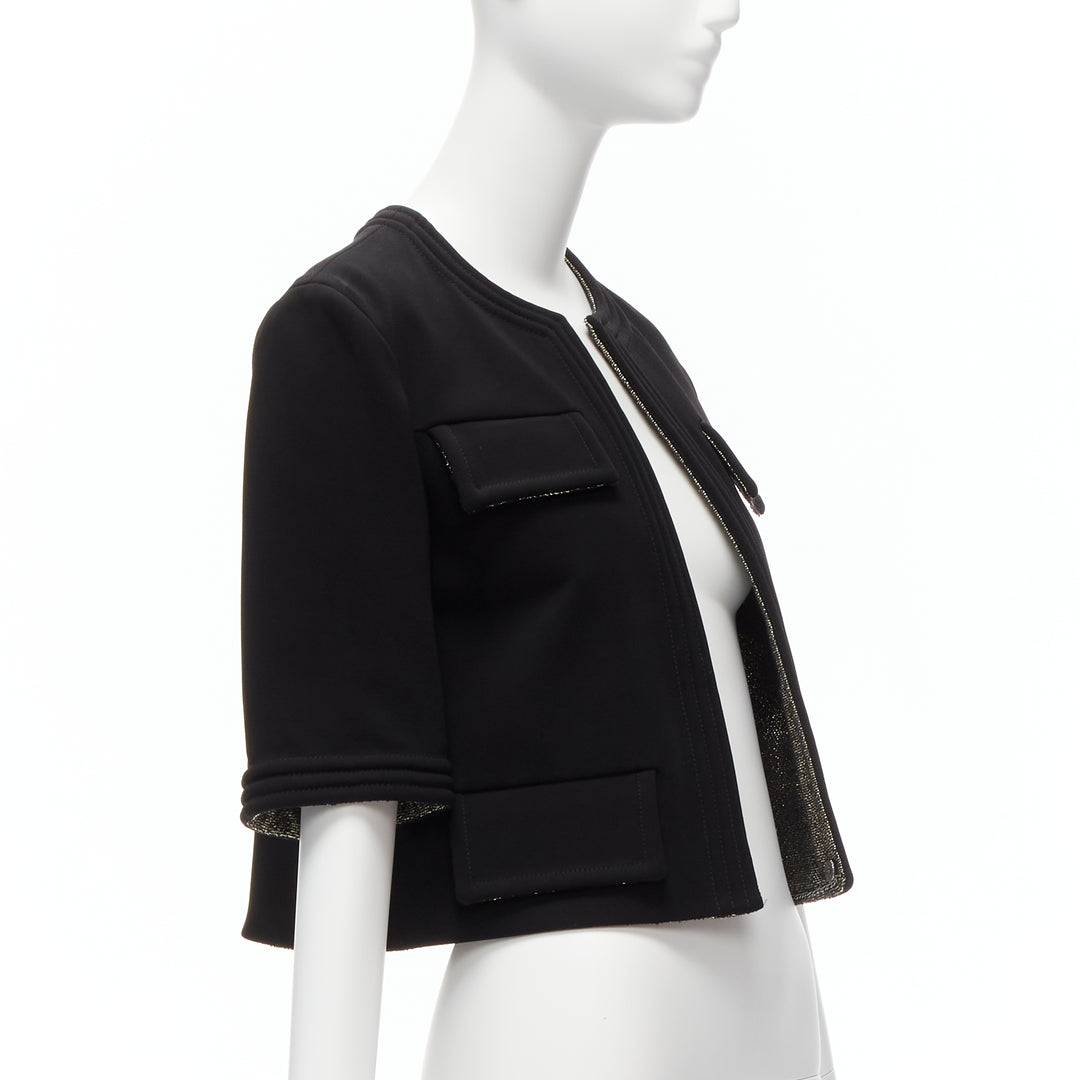 CHANEL black silver metallic tweed lined 4 pocket cropped bolero jacket FR34 XS