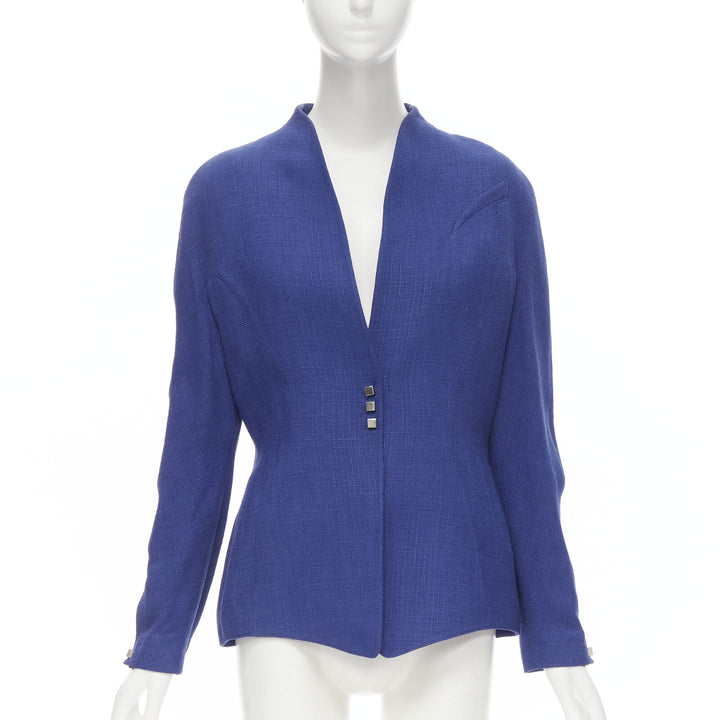 THIERRY MUGLER Vintage blue viscose futuristic curved seams peplum jacket FR42 L
