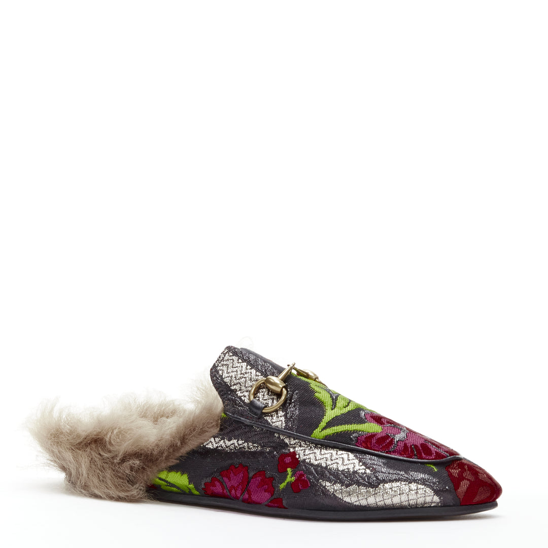 GUCCI Alessandro Michele Princetown floral jacquard fur lined loafer EU36