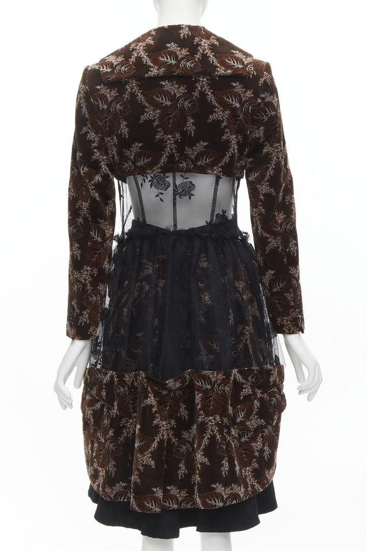 Runway COMME DES GARCONS Vintage brown velvet floral mesh coat corset skirt  S