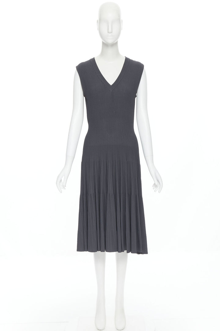 ALAIA dust grey ribbed V-neck sleeveless fit flared cocktail dress M