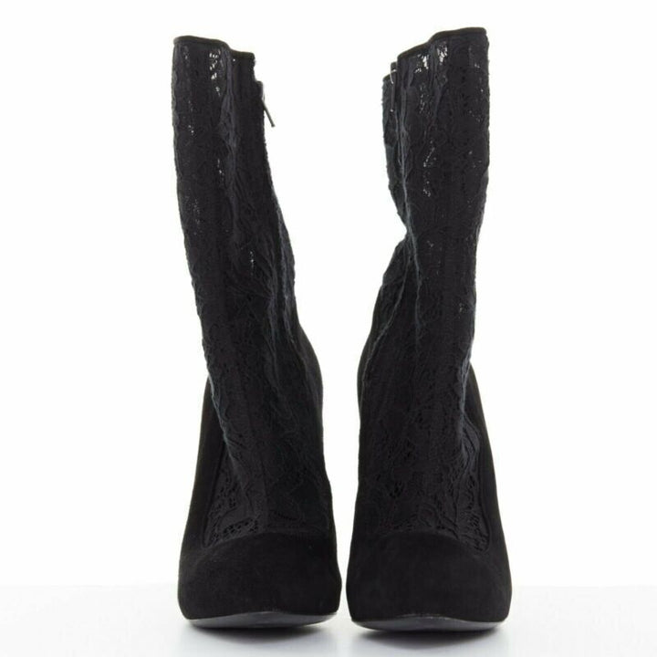 DOLCE GABBANA black floral lace mesh sock suede pump design short bootie EU39