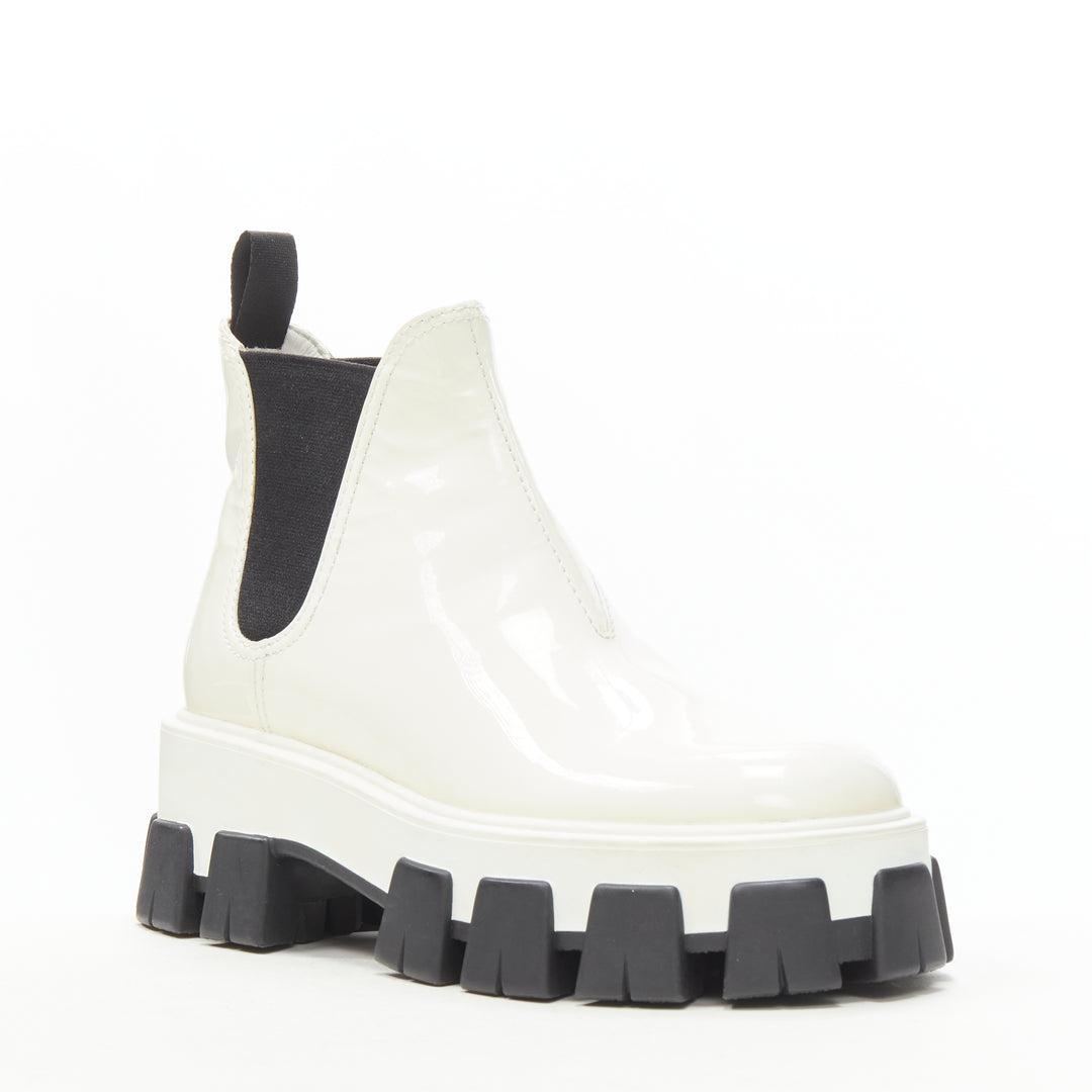PRADA 2019 Monolith white patent lug sole platform ankle boot  EU36