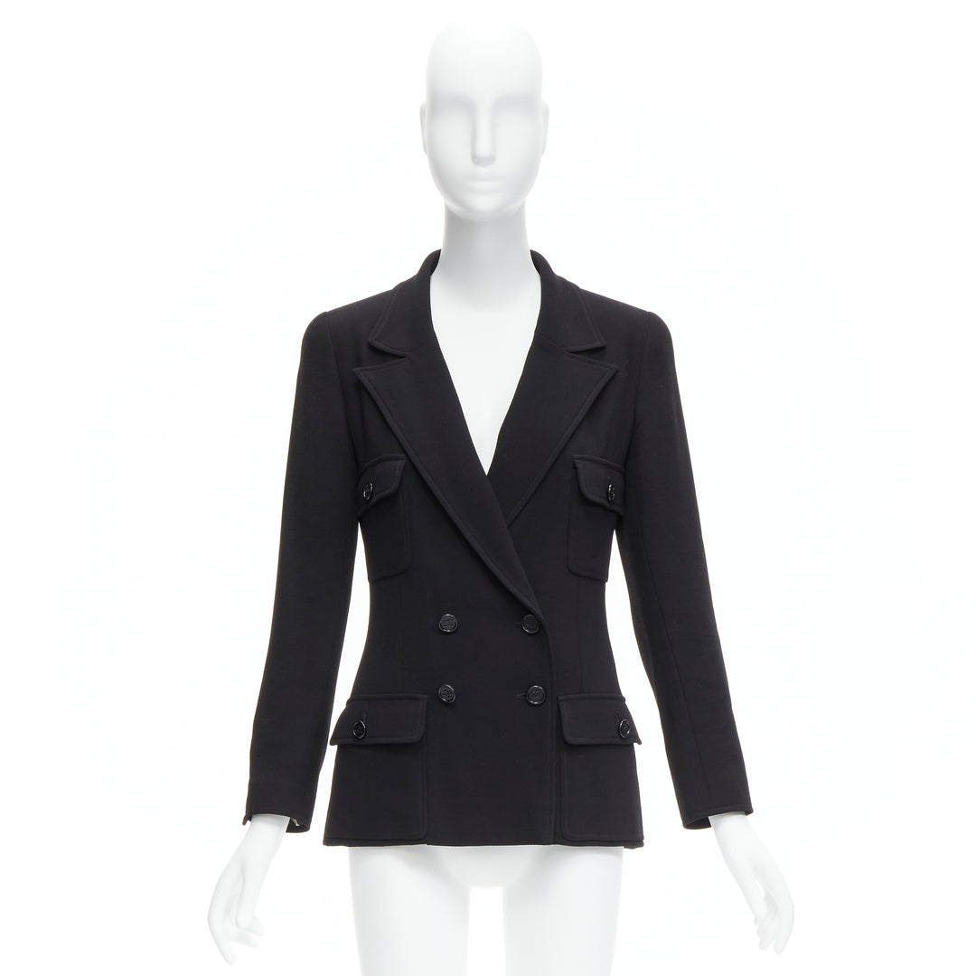 CHANEL Vintage black wool crepe CC button silk lined little black jacket