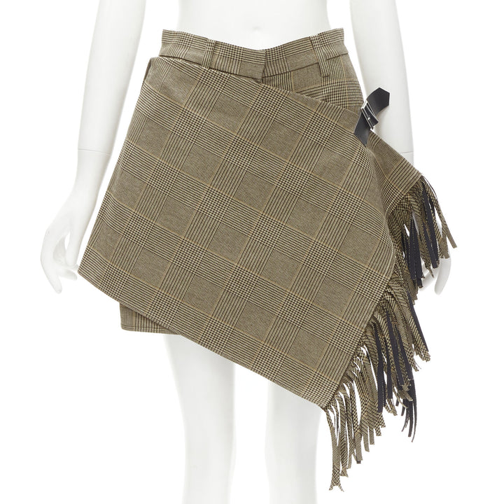 SACAI brown herringbone check fringe wrap front buckle shorts JP1 S