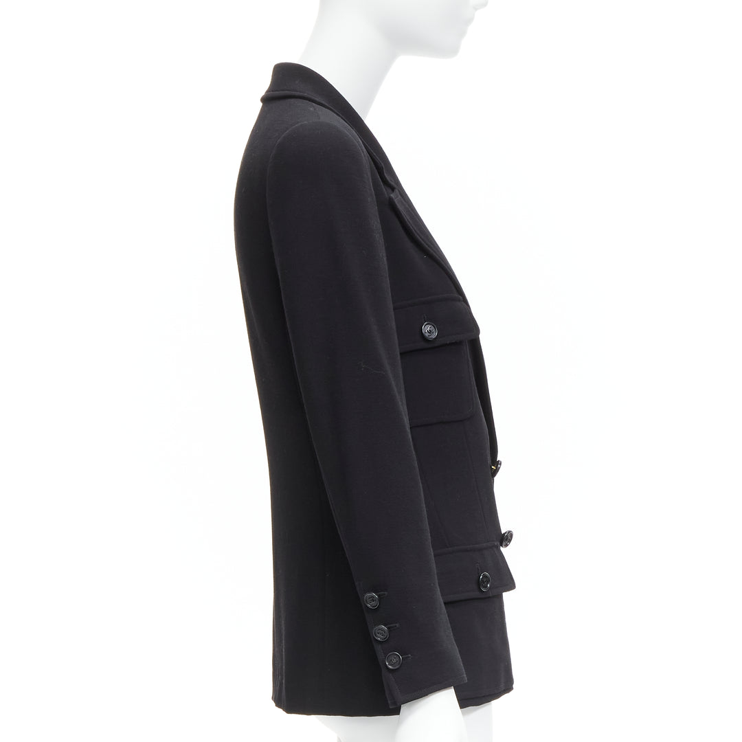 CHANEL Vintage black wool crepe CC button silk lined little black jacket