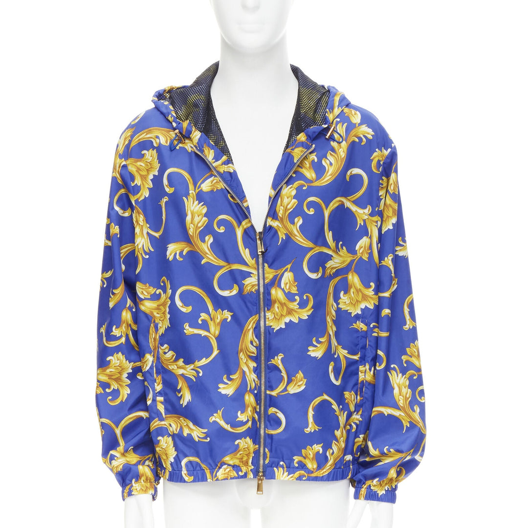 VERSACE blue gold Barocco Istante print nylon windbreaker jacket IT52 XL