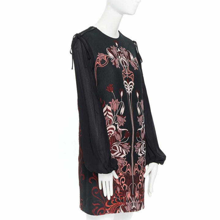 GIAMBA GIAMBATTISTA VALLI black red floral loque semi sheer sleeves dress XXS