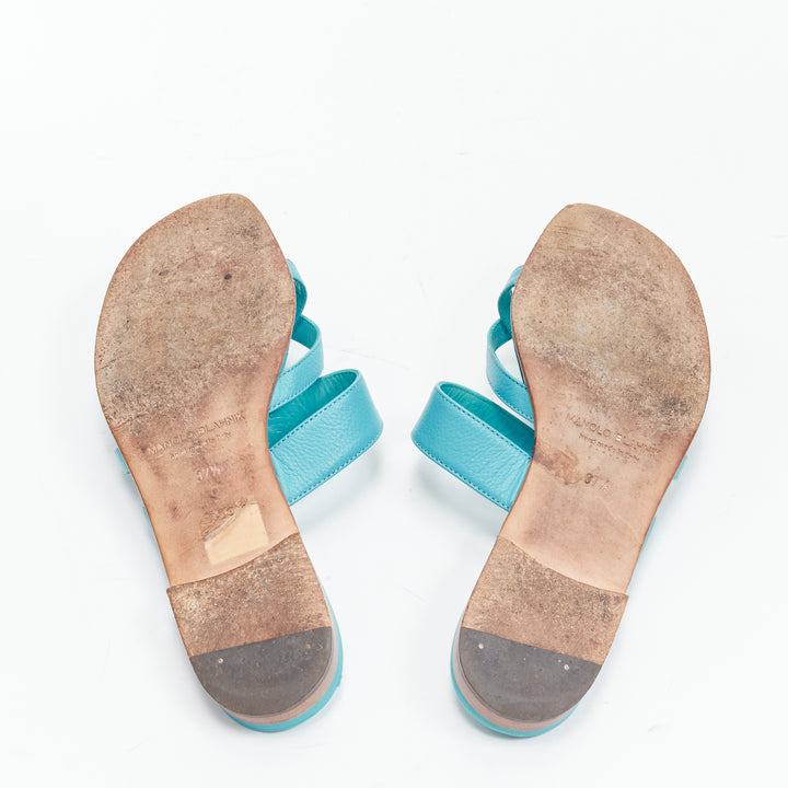 MANOLO BLAHNIK teal blue toe ring crisscross leather strappy sandals EU37.5