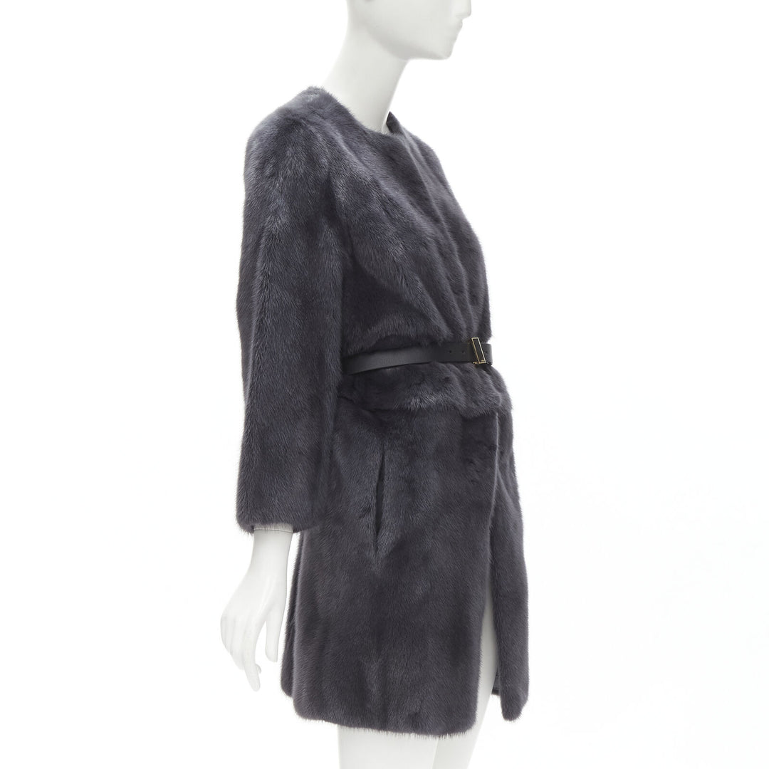 FENDI grey black fur leather 4-way reversible zip belted coat jacket IT38