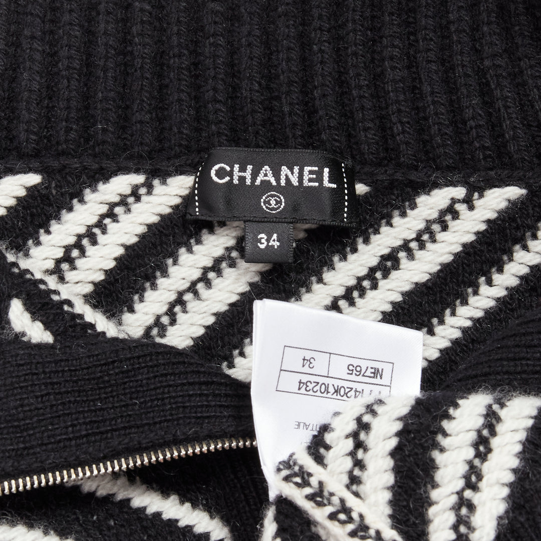 CHANEL 100% cashmere black white stripe CC crystal logo cropped sweater FR34 XS
