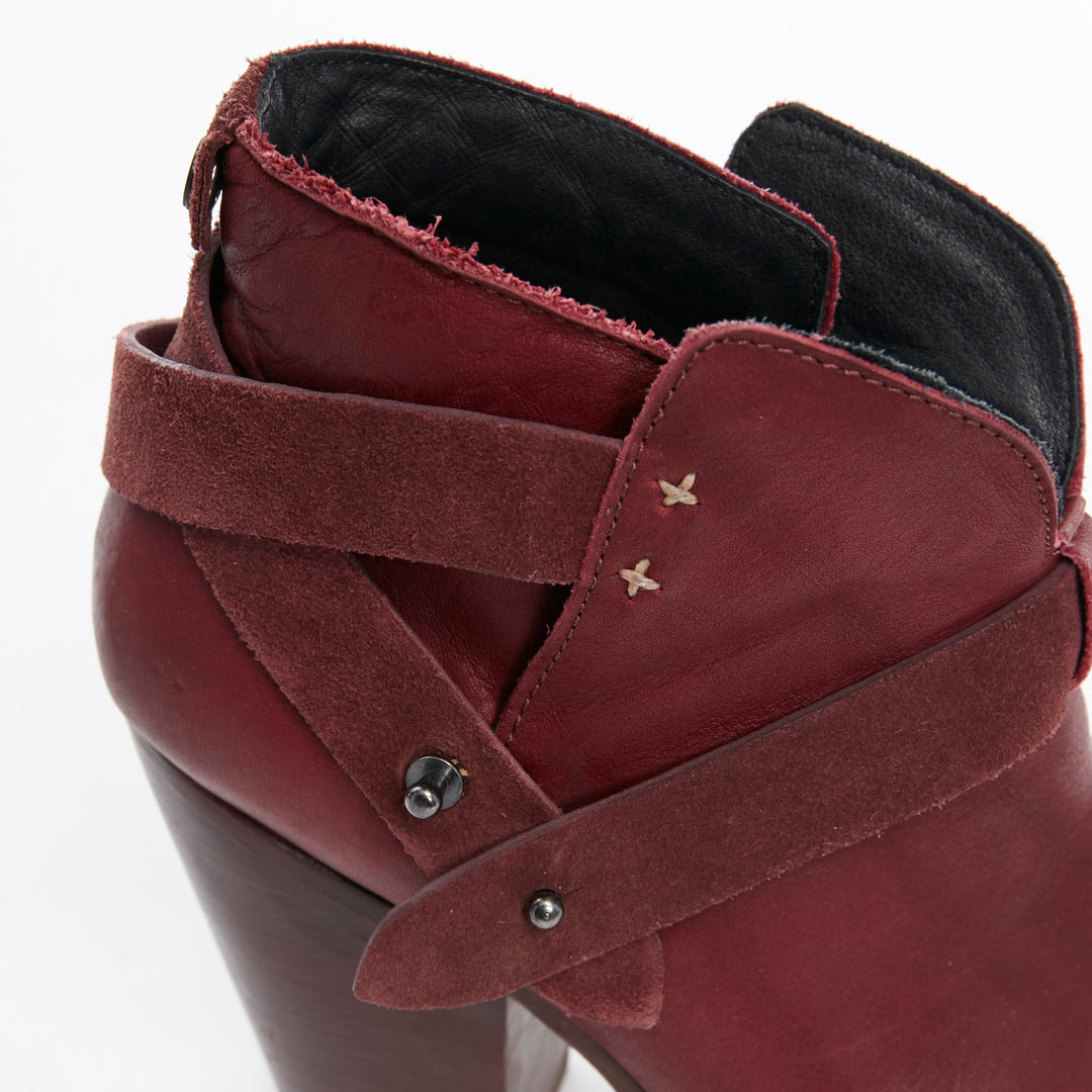 RAG BONE Harrow burgundy red leather stud harness block heel ankle boots EU38.5