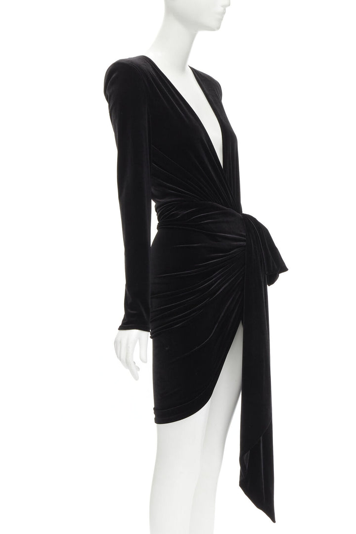 ALEXANDRE VAUTHIER black velvet plunge neck wrap bow draped mini dress FR34 XS