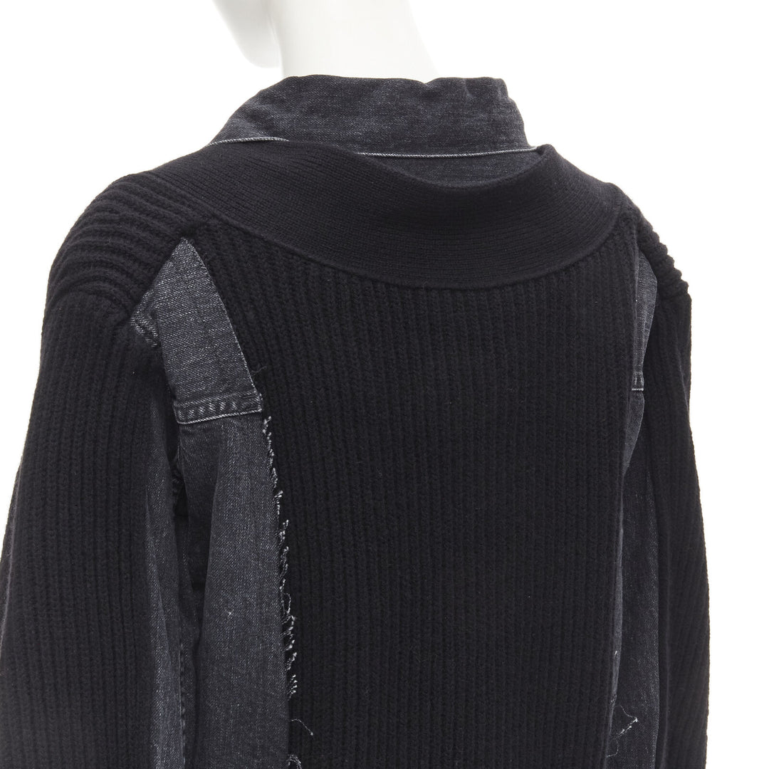 SACAI 2020 black reconstructed washed denim ribbed cardigan coat JP3 L