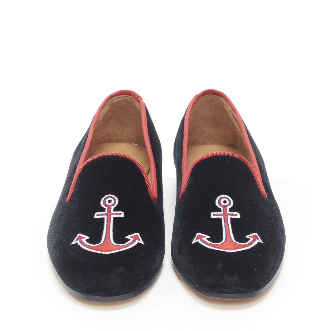 STUBBS WOOTON black velvet red sailor embroidery slip on loafer flats US7 EU37