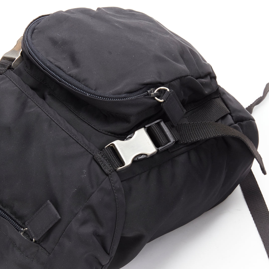 PRADA Signature Tessuto Nylon black triangle logo double buckle small backpack