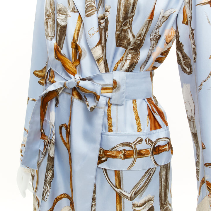 HERMES 100% silk light blue Equestrian boot hat print belted robe jacket FR40 L
