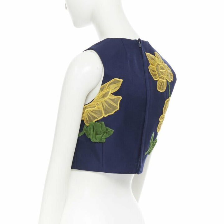 MICHAEL KORS COLLECTION wool silk navy yellow floral sleeveless cropped top US2