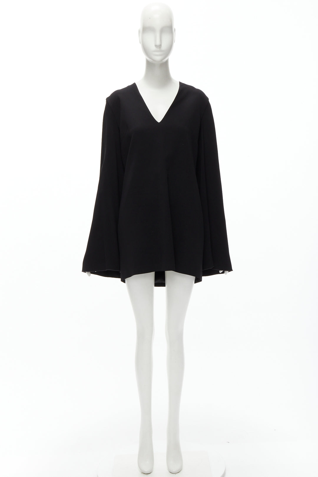DION LEE black satin cape sleeve minimal V neck boxy short dress AUS10 M
