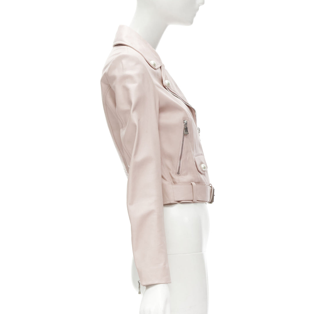 MOSCHINO Boutique light pink leather pearl button biker jacket S